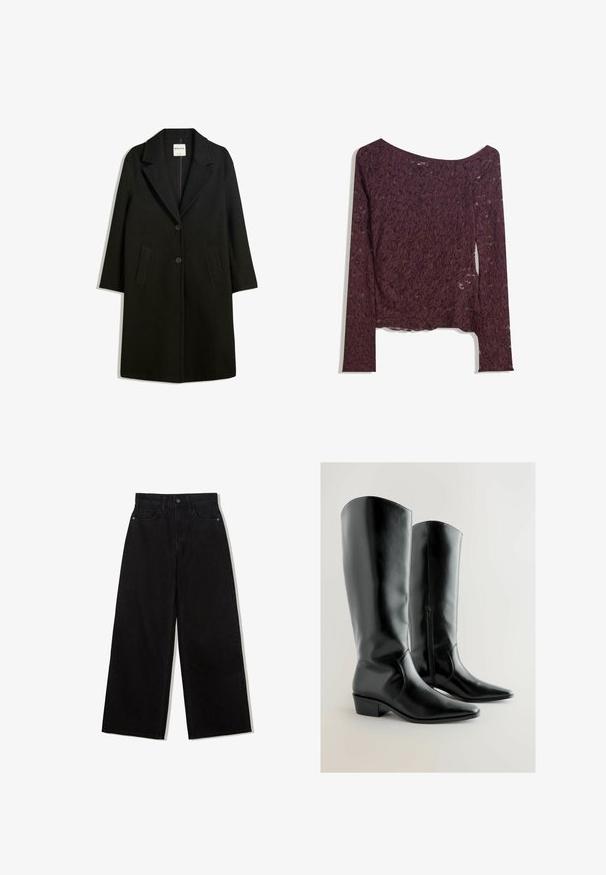Manteau noir avec un col cranté, deux poches avant et fermeture à bouton. Fabriqué en tissu doux, présentant une silhouette droite et une longueur au genou.; Haut à manches longues en dentelle de couleur bordeaux profond, présentant un design décolleté, des motifs floraux et une texture légèrement transparente avec un ourlet droit.; Jeans noirs à jambes larges en denim avec une taille haute, présentant un design à cinq poches et une fermeture à un bouton à l'avant.; Bottes noires montantes en simili cuir brillant. Pointe effilée avec un petit talon carré et une fermeture éclair sur le côté pour un enfilage facile. Texture lisse.