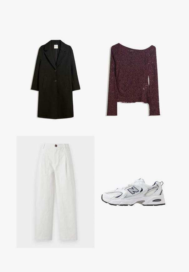 Cămașă neagră cu guler în V, două buzunare frontale și închidere cu nasturi. Fabricată dintr-un material moale, având o siluetă dreaptă și un design până la genunchi.; Top din dantelă cu mâneci lungi, într-o nuanță adâncă de burgund, având un design off-shoulder, modele florale și o textură ușor transparentă cu un tiv drept.; Pantaloni albi cu croi larg, din bumbac, cu un finisaj texturat. Prezintă un nasture maro, pliuri și buzunare laterale.; Shoe sportiv alb cu parte superioară din plasă, accente bleumarin și talpă amortizată. Are logo-ul "N", șireturi și detalii texturate pe lateral.