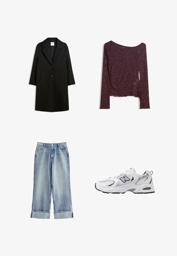 Zwarte jas met een omslagkraag, twee voorzakken en knoopsluiting. Gemaakt van zachte stof, met een rechte snit en een ontwerp tot op de knie.; Kanten langemouwen top in diep burgundy, met een off-shoulder ontwerp, bloemmotieven en een licht transparante textuur met een rechte zoom.; Lichtblauwe, loszittende denim jeans met een hoge taille, brede benen, opgerolde manchetten en subtiele vervaging over de stof.; Witte sport schoen met mesh bovenkant, marineblauwe accenten en een gehoorzaamde zool. Bevat het "N" logo, veters en een gestructureerde detail aan de zijkant.