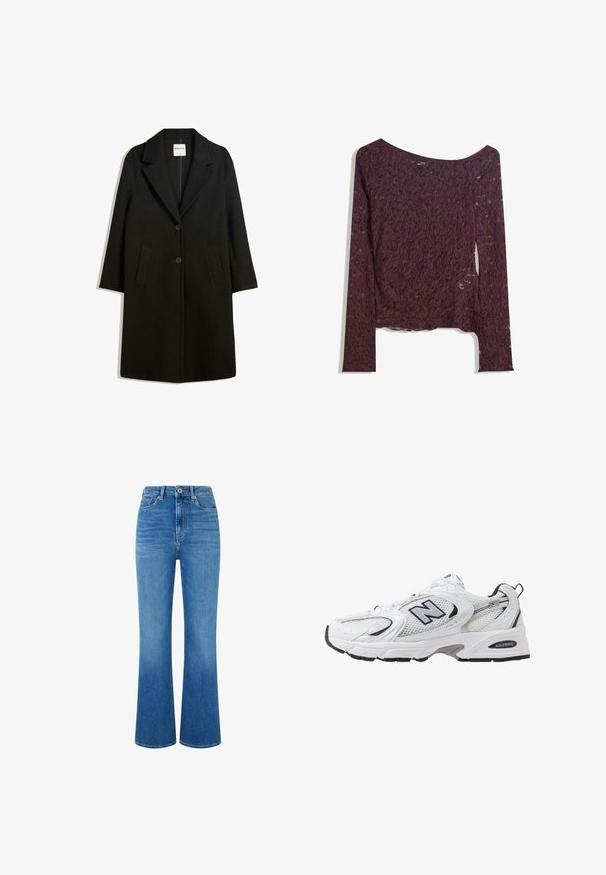 Musta takki, jossa on kauluskotelo, kaksi etutaskua ja nappisuljenta. Valmistettu pehmeästä kankaasta, suorassa siluetissa ja polvenpituinen muotoilu.; Pitkosviuhkainen pitkähiha toppi syvän burgundin värissä, jossa on olkaimeton muotoilu, kukkakuviot ja hieman läpikuultava rakenne suoran helman kanssa.; Vaaleansiniset farkut, joissa on leveät lahkeet ja korkea vyötärö. Farkuissa on etutaskut, vetoketjusuljenta ja kevyttä haalistumista, joka tuo tekstuuria. Ei näkyvää brändäystä.; Valkoinen urheilushoe, jossa on verkkomateriaali päällä, laivastonsiniset yksityiskohdat ja pehmeä pohja. Varustettu "N"-logolla, nauhoilla ja teksturoidulla yksityiskohdalla sivussa.