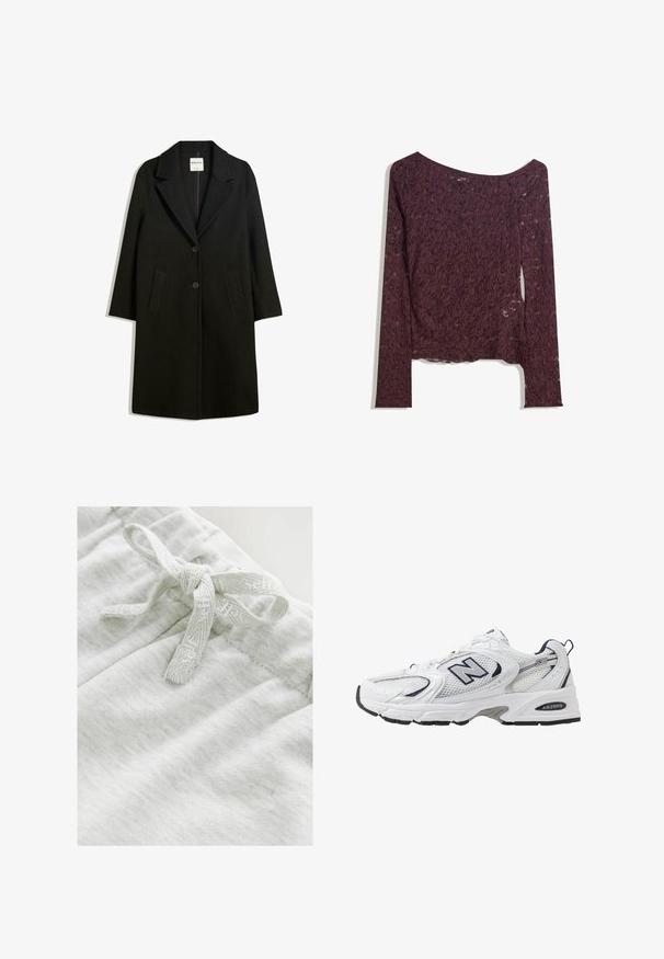 Schwarzer Mantel mit Reverskragen, zwei Fronttaschen und Knopfverschluss. Aus weichem Stoff gefertigt, mit gerader Silhouette und knielangem Design.; Spitzenbluse mit langen Ärmeln in tiefem Burgund, mit schulterfreiem Design, floralen Mustern und einer leicht durchsichtigen Textur sowie geradem Saum.; Helles graues Gewebe mit einer weichen Textur, das ein Fliegen-Detail aus einem passenden strukturierten Band am Bund aufweist.; Weißer Sportschuh mit Mesh-Obermaterial, navyblauen Akzenten und gepolsterter Sohle. Verfügt über das "N"-Logo, Schnürsenkel und eine strukturierte Detailverarbeitung an der Seite.