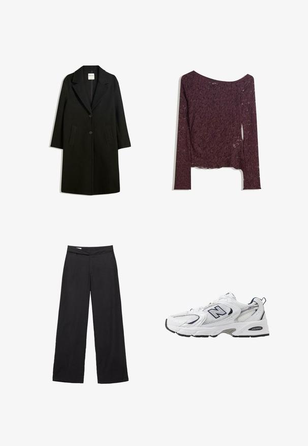 Čierny kabát s klopovým golierom, dvoma prednými vreckami a gombíkovým zapínaním. Vyrobený z mäkkej tkaniny, s priamym strihom a dĺžkou po kolená.; Čipkovaná blúzka s dlhými rukávmi v hlbokej burgundskej farbe, s off-shoulder strihom, kvetinovými vzormi a mierne priesvitnou textúrou s rovnými okrajmi.; Čierne široké nohavice vyrobené z ľahkého materiálu. Majú plochý pás a dve predné vrecká. Jednoduchý, čistý dizajn bez vzorov.; Biele športové topánky s priedušným vrchným materiálom, námorníckymi akcentmi a polstrovanou podrážkou. Obsahujú logo "N", šnúrky a textúrovaný detail na boku.