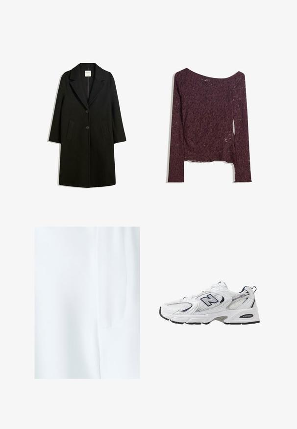 Zwarte jas met een omslagkraag, twee voorzakken en knoopsluiting. Gemaakt van zachte stof, met een rechte snit en een ontwerp tot op de knie.; Kanten langemouwen top in diep burgundy, met een off-shoulder ontwerp, bloemmotieven en een licht transparante textuur met een rechte zoom.; BWLDR ADREW - Shorts - off white; Witte sport schoen met mesh bovenkant, marineblauwe accenten en een gehoorzaamde zool. Bevat het "N" logo, veters en een gestructureerde detail aan de zijkant.