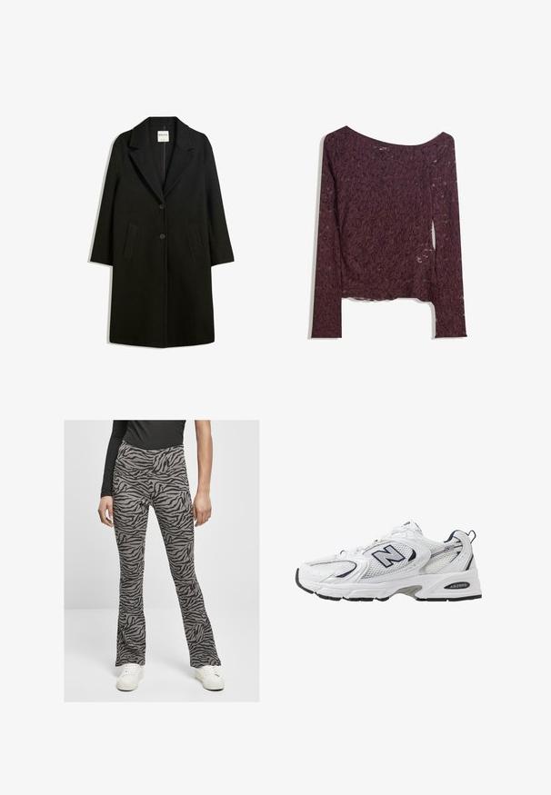 Zwarte jas met een omslagkraag, twee voorzakken en knoopsluiting. Gemaakt van zachte stof, met een rechte snit en een ontwerp tot op de knie.; Kanten langemouwen top in diep burgundy, met een off-shoulder ontwerp, bloemmotieven en een licht transparante textuur met een rechte zoom.; Uitlopende broeken van een lichtgrijze stof met een zwart zebra-streep patroon. Ontworpen met een hoge taille en gecombineerd met witte sneakers.; Witte sport schoen met mesh bovenkant, marineblauwe accenten en een gehoorzaamde zool. Bevat het "N" logo, veters en een gestructureerde detail aan de zijkant.