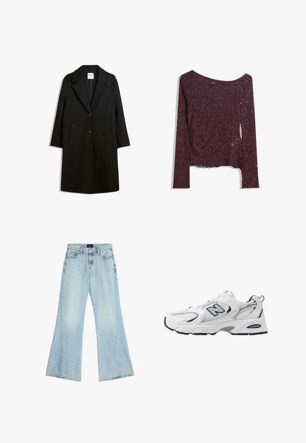 Schwarzer Mantel mit Reverskragen, zwei Fronttaschen und Knopfverschluss. Aus weichem Stoff gefertigt, mit gerader Silhouette und knielangem Design.; Spitzenbluse mit langen Ärmeln in tiefem Burgund, mit schulterfreiem Design, floralen Mustern und einer leicht durchsichtigen Textur sowie geradem Saum.; Helle blaue weite Jeans aus Denim. Hohe Taille mit Fünf-Taschen-Design und rohem Saum. Ausgewaschene Optik mit subtilen Waschungen und Nähdetails.; Weißer Sportschuh mit Mesh-Obermaterial, navyblauen Akzenten und gepolsterter Sohle. Verfügt über das "N"-Logo, Schnürsenkel und eine strukturierte Detailverarbeitung an der Seite.