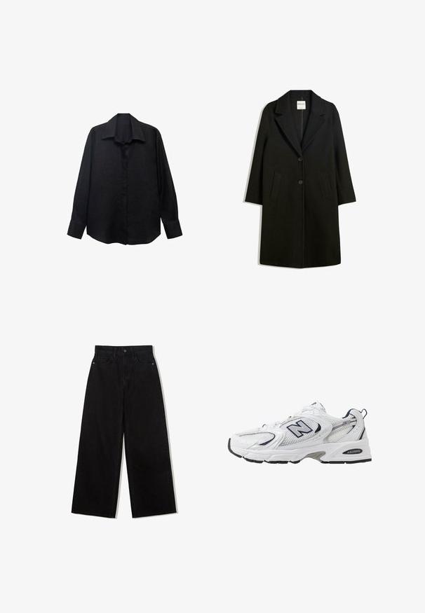 Černý kabát s klopovým límcem, dvěma předními kapsami a zapínáním na knoflíky. Vyroben z měkké látky, s přímým střihem a délkou po kolena.; Černá košile s dlouhým rukávem vyrobená z texturované tkaniny, s špičatým límcem, zapínáním na knoflíky a volným střihem. Manžety jsou úpravené s jedním knoflíkem.; Černé džínové kalhoty s širokými nohavicemi a vysokým pasem, s pěti kapsami a jedním knoflíkem na přední straně.; Bílé sportovní boty s textilním svrškem, námořnickými akcenty a polstrovanou podrážkou. Obsahují logo "N", tkaničky a texturovaný detail na boku.