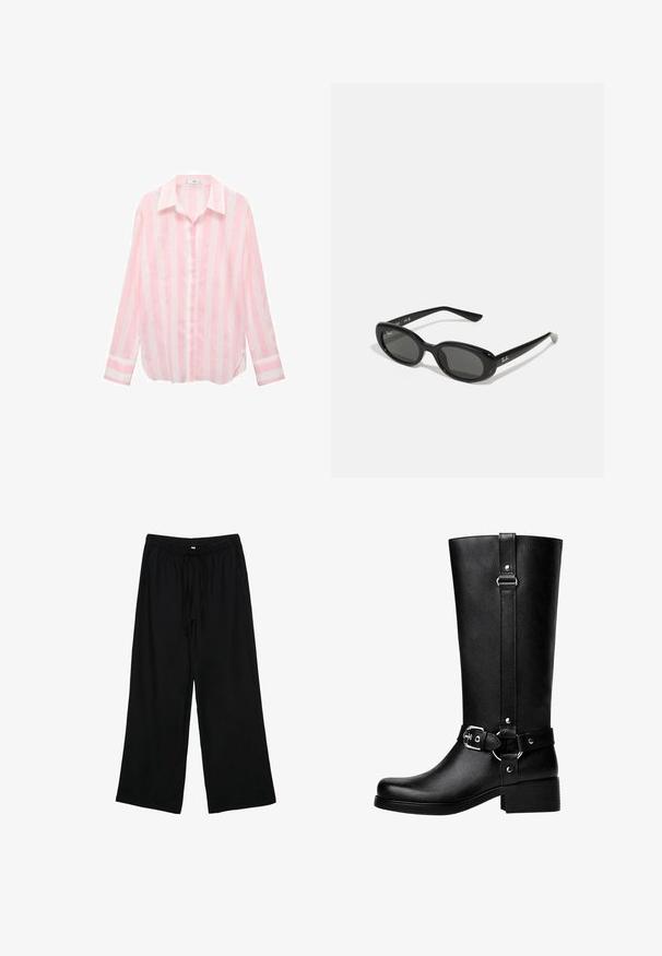 Cappotto nero con colletto a rever, due tasche frontali e chiusura a bottone. Realizzato in tessuto morbido, presenta una silhouette dritta e un design all'altezza del ginocchio.; Camicia button-up a righe rosa chiaro con colletto, maniche lunghe e vestibilità rilassata. Realizzata in tessuto leggero, presenta righe orizzontali bianche.; Pantaloni neri leggeri a gamba larga con vita elastica e cordino. Texture liscia, senza motivi o componenti visibili.; Stivali neri alti in finta pelle con punta tonda, dettaglio della fibbia della cintura accentuata e tacco largo. Texture liscia e cucitura verticale sul gambale.; Occhiali da sole neri con lenti ovali, montatura in plastica lucida e stecche sottili. Presentano il logo Ray-Ban in bianco sul lato.
