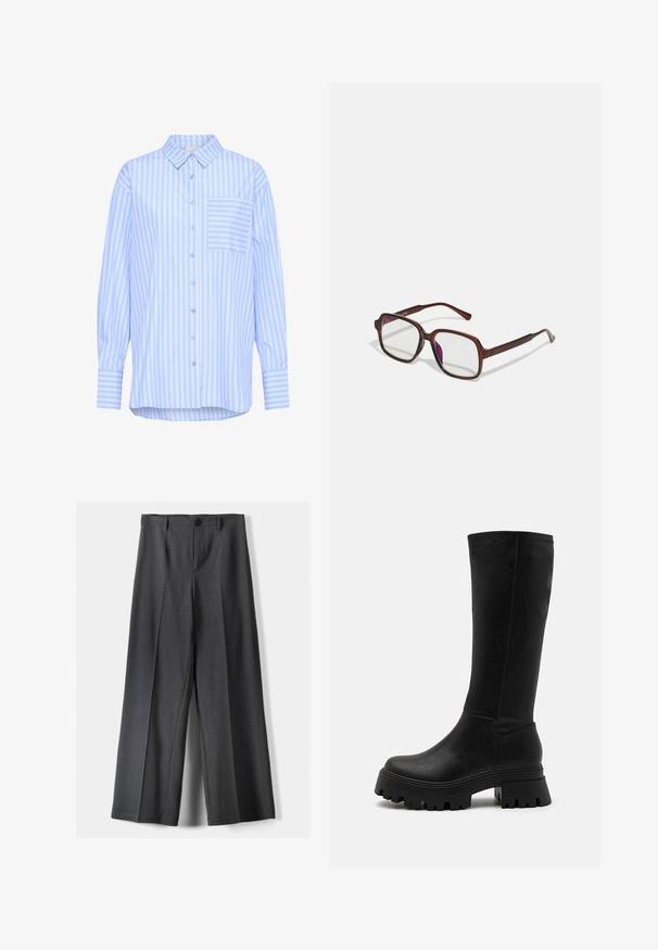 Zwarte jas met een omslagkraag, twee voorzakken en knoopsluiting. Gemaakt van zachte stof, met een rechte snit en een ontwerp tot op de knie.; Kaffe KAMACKIE - Overhemdblouse - blue white stripe; Wijde broek in donkergrijze stof, met een knoopsluiting, voorplooien en riemlussen. Gladde textuur met een op maat gemaakte uitstraling.; Zwarte kniehoge laarzen van faux leer, met een robuuste rubberen zool met diepe groeven, een gladde oppervlakte en minimale stikseldetails.; Bruine, rechthoekige bril met transparante glazen en paarse tinten. Glad kunststof montuur met rechte pootjes en subtiele accenten.; Zwarte stoffen handtas met een patroon en bruine leren accenten. Kenmerkt zich door een gestructureerde vorm, een korte handgreep en een verstelbare schouderriem. Gouden hardware.