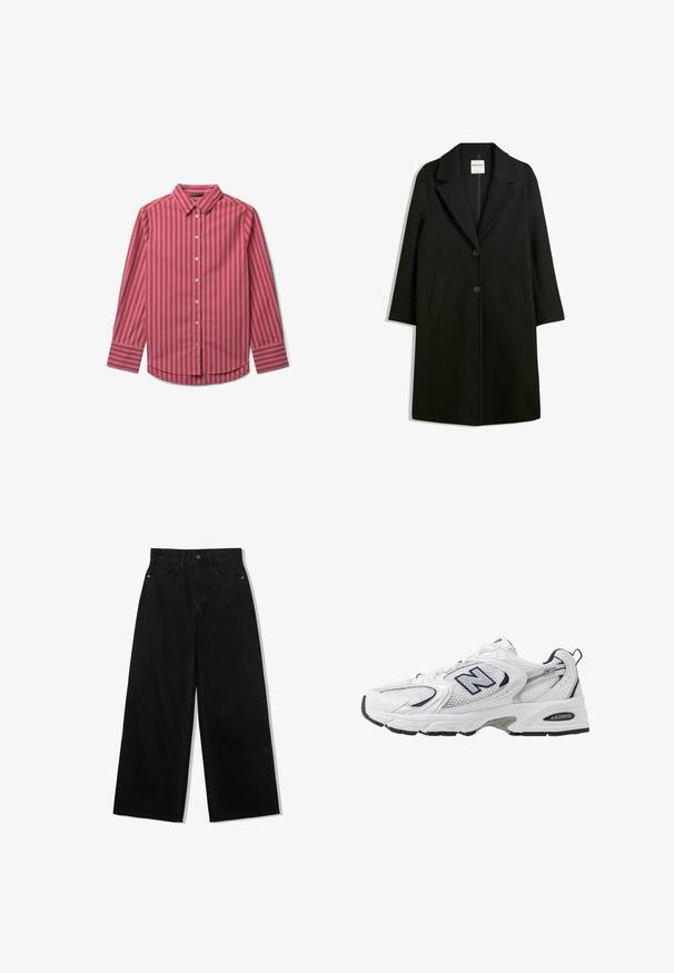Schwarzer Mantel mit Reverskragen, zwei Fronttaschen und Knopfverschluss. Aus weichem Stoff gefertigt, mit gerader Silhouette und knielangem Design.; Langärmliges Hemd mit roten Streifen, das einen klassischen Kragen, eine Knopfleiste und dezente weiße Streifen auf glattem Stoff aufweist.; Schwarze, weit geschnittene Jeans aus Denim mit hoher Taille, die ein Fünf-Taschen-Design und einen einzelnen Knopfverschluss vorne aufweist.; Weißer Sportschuh mit Mesh-Obermaterial, navyblauen Akzenten und gepolsterter Sohle. Verfügt über das "N"-Logo, Schnürsenkel und eine strukturierte Detailverarbeitung an der Seite.