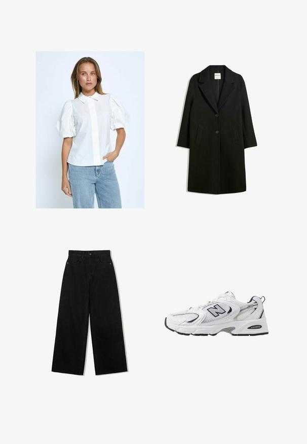 Sort frakke med reverskrave, to forlommer og knaplukning. Fremstillet af blødt stof, med en lige silhuet og knælangt design.; Hvid bluse med pufærmer, knaplukning, krave og ensartet tekstur, parret med lyseblå jeans på en neutral baggrund.; Sorte, vidde jeans lavet af denim med høj talje, med en fem-lomme design og en enkelt knaplukning foran.; Hvide sportsko med netoverdel, marineblå detaljer og polstret sål. Har "N" logo, snørebånd og struktureret detalje på siden.