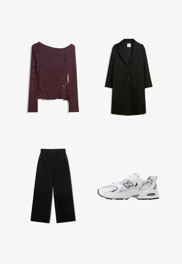 Črn plašč z oblazinjenim ovratnikom, dvema sprednjima žepoma in gumbom za zapiranje. Narejen iz mehkega materiala, ponuja raven kroj in zasnovo do kolen.; Čipkast dolg rokav vrh v temno burgundski barvi, z off-shoulder obliko, cvetličnimi motivi in rahlo prosojno teksturo ter ravnim robom.; Črne široke kavbojke iz denima z visokim pasom, ki imajo pet žepov in en gumb za zapiranje spredaj.; Bele športne copate z mrežasto zgornjimi deli, mornarskimi naglasnimi barvami in oblazinjeno podplatom. Vključujejo logotip "N", vezalke in teksturirane detajle na strani.