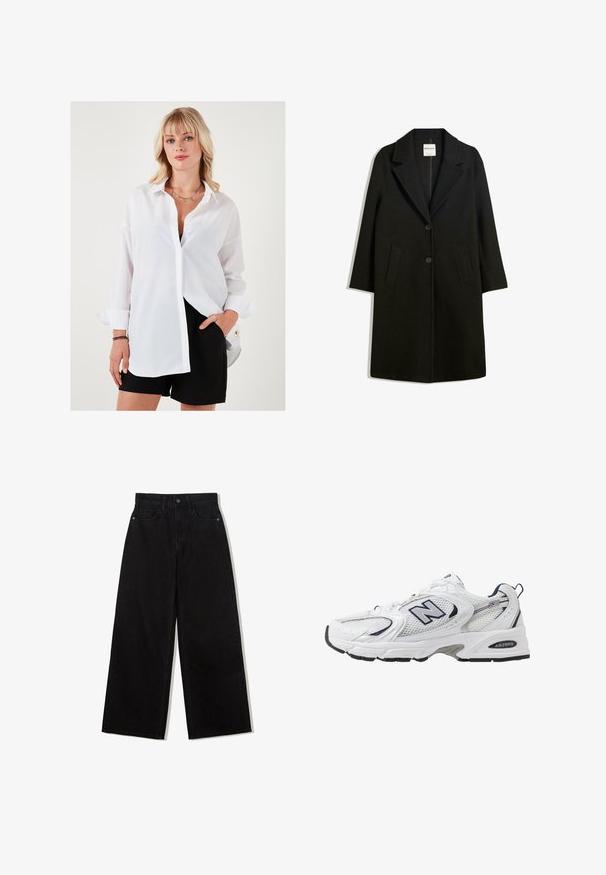 Crni kaput s otvorenim ovratnikom, dva prednja džepa i kopčanje na dugme. Napravljen od mekog materijala, s ravnim krojem i dizajnom do koljena.; Bijela košulja dugih rukava, opuštenog kroja, s oštrim ovratnikom. Uparena s crnim kratkim hlačama s zlatnim naglašenim gumbom.; Crne, široke traperice visokog struka, s pet džepova i jednim gumbom za zakopčavanje sprijeda.; Bijela atletska cipela s mrežastim gornjim dijelom, mornarskim akcentima i podstavljenim potplatom. Sadrži "N" logo, vezice i teksturirani detalj sa strane.