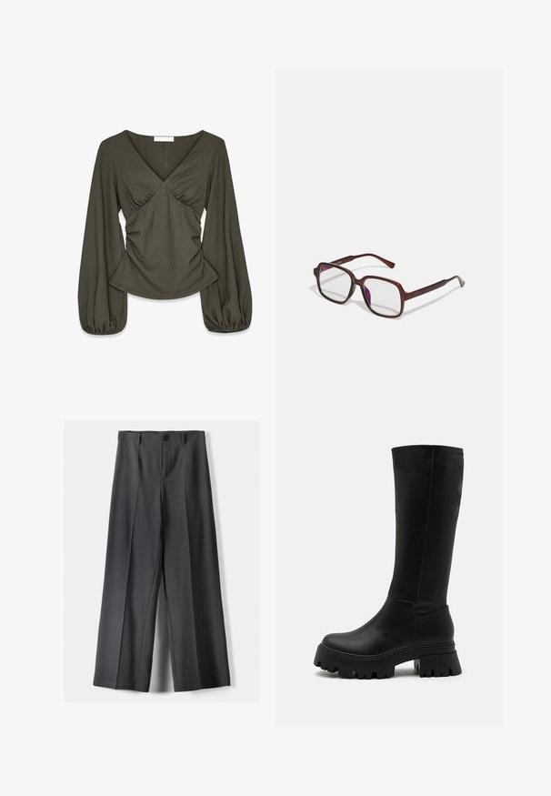 Black coat with a notched collar, two front pockets, and button closure. Made of soft fabric, featuring a straight silhouette and knee-length design.; Olive green textured blouse with long puffed sleeves, V-neckline, ruched bodice, and a slightly flared hem.; Wide-leg trousers in dark grey fabric, featuring a button closure, front pleats, and belt loops. Smooth texture with a tailored design.; Black knee-high boots made of faux leather, featuring a chunky rubber sole with deep grooves, smooth surface, and minimal stitching details.; Brown, rectangular eyeglasses with transparent lenses and purple tints. Smooth plastic frame with straight temples and subtle accents.; Black patterned fabric handbag with brown leather accents. Features a structured shape, short handle, and adjustable shoulder strap. Gold hardware.