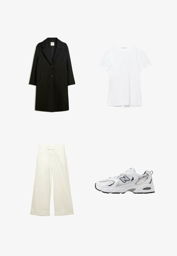 Sort frakke med reverskrave, to forlommer og knaplukning. Fremstillet af blødt stof, med en lige silhuet og knælangt design.; Hvid kortærmet t-shirt lavet af glat stof, med rund halsudskæring og diskrete syninger ved kanten.; Bredde bukser i blødt, cremefarvet stof. Har en flad talje og op-rullede manchetter. Glat tekstur med et rent, minimalistisk design.; Hvide sportsko med netoverdel, marineblå detaljer og polstret sål. Har "N" logo, snørebånd og struktureret detalje på siden.