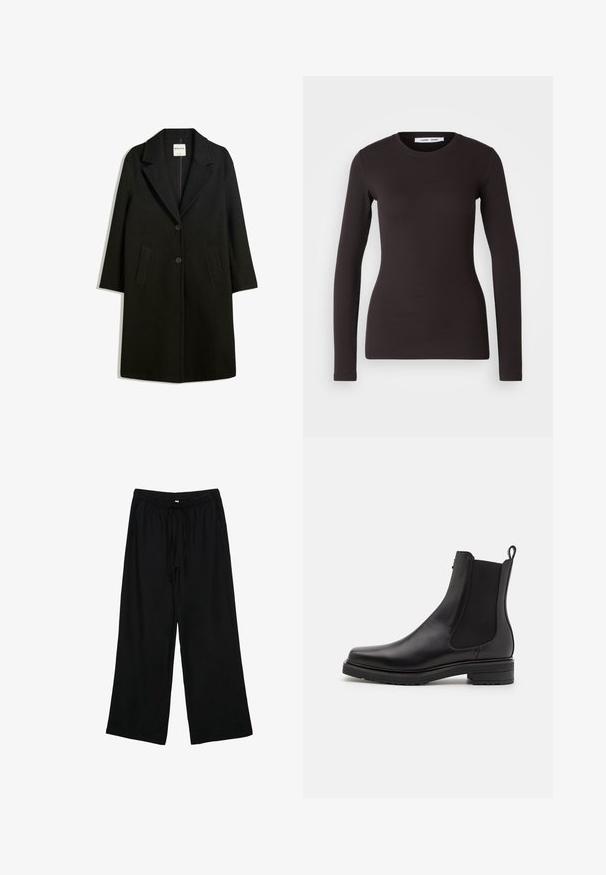 Černý kabát s klopovým límcem, dvěma předními kapsami a zapínáním na knoflíky. Vyroben z měkké látky, s přímým střihem a délkou po kolena.; Černý top s dlouhými rukávy vyrobený z měkké, elastické látky. Má kulatý výstřih a úzký střih s hladkým povrchem a bez viditelných vzorů.; Černé, lehké kalhoty s širokými nohavicemi, elastickým pasem a šňůrkou. Hladká textura, bez viditelných vzorů či kovových doplňků.; Černá kožená kotníková bota s elastickými bočními panely, nízkým hromadným podpatkem a poutkem na zadní straně. Hladký povrch a elegantní design.