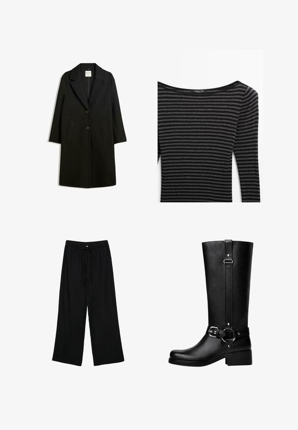 Manteau noir avec un col cranté, deux poches avant et fermeture à bouton. Fabriqué en tissu doux, présentant une silhouette droite et une longueur au genou.; Pull à rayures noir et gris avec une texture côtelée, présentant un large col et des manches longues. Étiquette : Massimo Dutti.; Pantalons larges noirs, légers, avec taille élastique et cordon de serrage. Texture lisse, sans motifs ni éléments métalliques visibles.; Bottes noires en cuir synthétique, avec un bout rond, des détails de boucle de ceinture accentués et un talon épais. Texture lisse et couture verticale sur la tige.