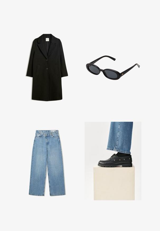 Schwarzer Mantel mit Reverskragen, zwei Fronttaschen und Knopfverschluss. Aus weichem Stoff gefertigt, mit gerader Silhouette und knielangem Design.; Schlichtes weißes Langarmshirt mit Rundhalsausschnitt, von hinten gezeigt, flach auf einem weißen Hintergrund ausgelegt.; Hellblaue weite Jeans aus Denim, mit hoher Taille, fünf Taschen, Knopfverschluss und dezentem Verblassen für Textur.; Schwarze Lederschuhe mit runder Zehenform, Schnürung und goldenen Ösen. Robuste Sohle. Getragen mit blauen Jeans, die die Schuhe leicht bedecken.; Schwarze, oversized Sonnenbrillen mit ovalen Gläsern, glattem Kunststoffrahmen und goldenen Akzenten an den Bügeln. Die dunklen Gläser bieten Sonnenschutz.