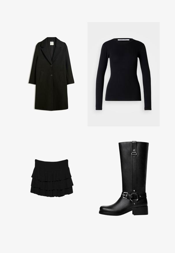 Schwarzer Mantel mit Reverskragen, zwei Fronttaschen und Knopfverschluss. Aus weichem Stoff gefertigt, mit gerader Silhouette und knielangem Design.; Schwarzes Langarmoberteil aus geripptem Stoff. Hat einen runden Halsausschnitt und eine schmale Passform. Keine Muster oder Verzierungen. Einfaches Design.; Schwarzer, gestufter Rock aus leichtem Material, mit drei horizontalen Rüschen und einem elastischen Bund für einen bequemen Sitz.; Hohe schwarze Kunstlederstiefel mit einer abgerundeten Zehe, einem Akzentgürtel-Schnallen-Detail und einem stabilen Absatz. Glatte Textur und vertikale Naht am Schaft.