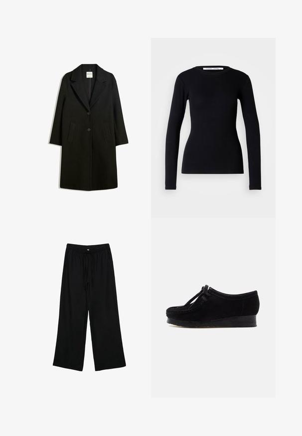 Cappotto nero con colletto a rever, due tasche frontali e chiusura a bottone. Realizzato in tessuto morbido, presenta una silhouette dritta e un design all'altezza del ginocchio.; Top nero a maniche lunghe realizzato in tessuto a coste. Presenta un collo rotondo e una forma aderente. Nessun motivo o decorazione. Design semplice.; Pantaloni neri leggeri a gamba larga con vita elastica e cordino. Texture liscia, senza motivi o componenti visibili.; Scarpa in suede nera con punta arrotondata, cuciture ad avvolgimento e dettagli con lacci. Presenta una suola in gomma a cuneo bassa per un comfort aggiuntivo.
