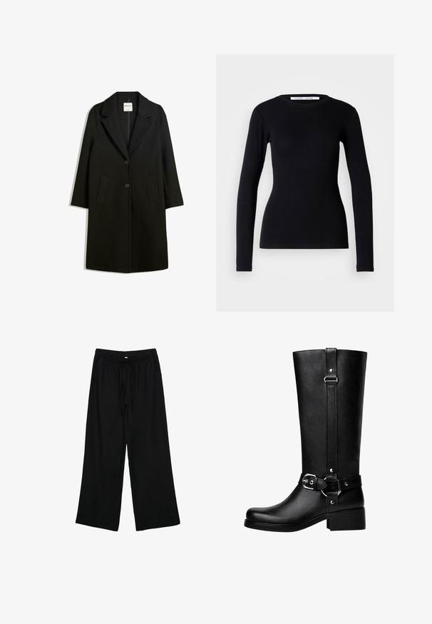 Črn plašč z oblazinjenim ovratnikom, dvema sprednjima žepoma in gumbom za zapiranje. Narejen iz mehkega materiala, ponuja raven kroj in zasnovo do kolen.; Črna dolga majica z dolgimi rokavi, narejena iz rebraste tkanine. Ima okroglo ovratnico in pristen kroj. Brez vzorcev ali okrasnih elementov. Preprost dizajn.; Črne, lahke široke hlače z elastičnim pasom in vrvico. Gladka tekstura, brez vidnih vzorcev ali strojne opreme.; Visoke črne škornje iz umetnega usnja z zaobljenim nosom, poudarjenim detajlom pasovine in debelim peto. Gladka tekstura in vertikalni šiv na šktrbici.