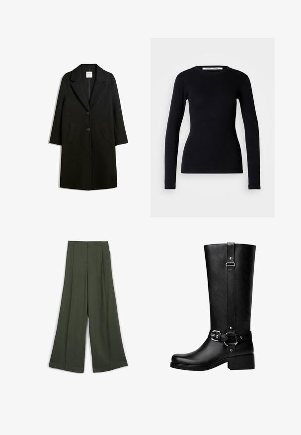 Schwarzer Mantel mit Reverskragen, zwei Fronttaschen und Knopfverschluss. Aus weichem Stoff gefertigt, mit gerader Silhouette und knielangem Design.; Schwarzes Langarmoberteil aus geripptem Stoff. Hat einen runden Halsausschnitt und eine schmale Passform. Keine Muster oder Verzierungen. Einfaches Design.; Weite Hose aus dunkelgrünem Stoff mit glatter Textur, vorderen Falten und einem enganliegenden Bund mit Gürtelschlaufen.; Hohe schwarze Kunstlederstiefel mit einer abgerundeten Zehe, einem Akzentgürtel-Schnallen-Detail und einem stabilen Absatz. Glatte Textur und vertikale Naht am Schaft.