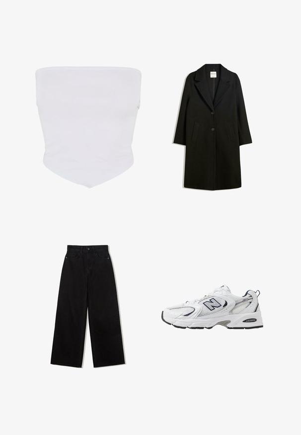 Svart kappa med snedkrage, två framfickor och knappstängning. Tillverkad av mjukt tyg, med rak silhuett och knälång design.; Vit, sömlös tube-top i mjukt, stretchigt tyg. Har en slät yta och en spetsig nederkant för en figursydd look.; Svarta vida jeans av denim med hög midja, med en femficksdesign och en enkel knappstängning framtill.; Vit sportskor med överdel i mesh, marinblå accenter och dämpad sula. Har "N"-logotyp, snörning och texturerad detalj på sidan.