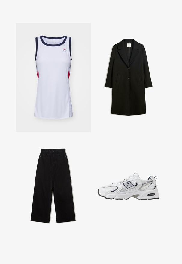 Black coat with a notched collar, two front pockets, and button closure. Made of soft fabric, featuring a straight silhouette and knee-length design.; White sleeveless athletic top with navy trim and red accents. Features a crew neckline and Fila logo on the chest. Smooth, lightweight fabric.; Black, wide-leg jeans made of denim with a high waist, featuring a five-pocket design and a single button closure at the front.; White athletic shoe with mesh upper, navy accents, and cushioned sole. Features "N" logo, laces, and textured detail on side.
