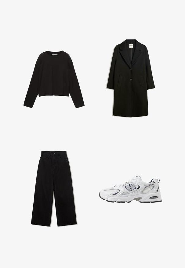 Sort frakke med reverskrave, to forlommer og knaplukning. Fremstillet af blødt stof, med en lige silhuet og knælangt design.; Sort cropped skjorte med lange ærmer lavet af blødt bomuld. Har rund halsudskæring og løs pasform med sænket skuldre. Ingen synlige mønstre eller accenter.; Sorte, vidde jeans lavet af denim med høj talje, med en fem-lomme design og en enkelt knaplukning foran.; Hvide sportsko med netoverdel, marineblå detaljer og polstret sål. Har "N" logo, snørebånd og struktureret detalje på siden.