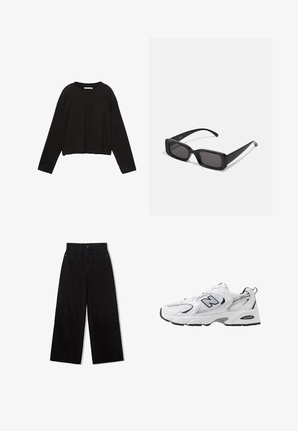 Black coat with a notched collar, two front pockets, and button closure. Made of soft fabric, featuring a straight silhouette and knee-length design.; Black long-sleeve cropped shirt made from soft cotton. Features a round neckline and loose fit with dropped shoulders. No visible patterns or accents.; Black, wide-leg jeans made of denim with a high waist, featuring a five-pocket design and a single button closure at the front.; White athletic shoe with mesh upper, navy accents, and cushioned sole. Features "N" logo, laces, and textured detail on side.; Black rectangular sunglasses with dark lenses, glossy finish, wide arms, and a chunky frame design. Engraved brand name on one arm.