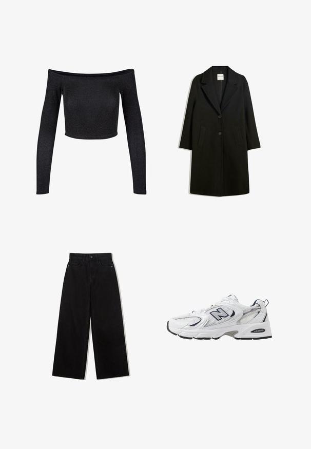 Černý kabát s klopovým límcem, dvěma předními kapsami a zapínáním na knoflíky. Vyroben z měkké látky, s přímým střihem a délkou po kolena.; Černý crop top bez ramínek vyrobený z třpytivého materiálu, vybavený dlouhými rukávy a upnutým střihem bez dalších vzorů nebo akcentů.; Černé džínové kalhoty s širokými nohavicemi a vysokým pasem, s pěti kapsami a jedním knoflíkem na přední straně.; Bílé sportovní boty s textilním svrškem, námořnickými akcenty a polstrovanou podrážkou. Obsahují logo "N", tkaničky a texturovaný detail na boku.