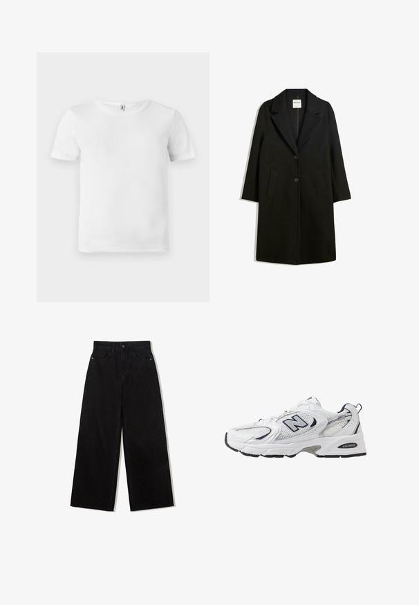 Zwarte jas met een omslagkraag, twee voorzakken en knoopsluiting. Gemaakt van zachte stof, met een rechte snit en een ontwerp tot op de knie.; Witte t-shirt met korte mouwen en een geribde textuur. Klassieke ronde hals, geen zichtbare logo's of patronen, en een eenvoudig, strak ontwerp.; Zwarte, wijde spijkerbroek van denim met een hoge taille, voorzien van een vijf-pocket ontwerp en een enkele knoopsluiting aan de voorkant.; Witte sport schoen met mesh bovenkant, marineblauwe accenten en een gehoorzaamde zool. Bevat het "N" logo, veters en een gestructureerde detail aan de zijkant.