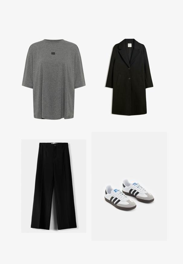 Crni kaput s otvorenim ovratnikom, dva prednja džepa i kopčanje na dugme. Napravljen od mekog materijala, s ravnim krojem i dizajnom do koljena.; Sivi oversized majica izrađena od mekanog materijala. Ima okrugli izrez, kratke rukave i suptilni logo u sredini.; Crne široke hlače izrađene od lagane tkanine, s prednjim zatvaranjem na dugme i ravnim prednjim dijelom, sa uredno šivenim rubovima.; Sportske cipele s gornjištem od bijele kože, sivi suedinasti nos i tri crne pruge. Imaju plavi logo na jeziku i teksturiranu gumenu podlogu.