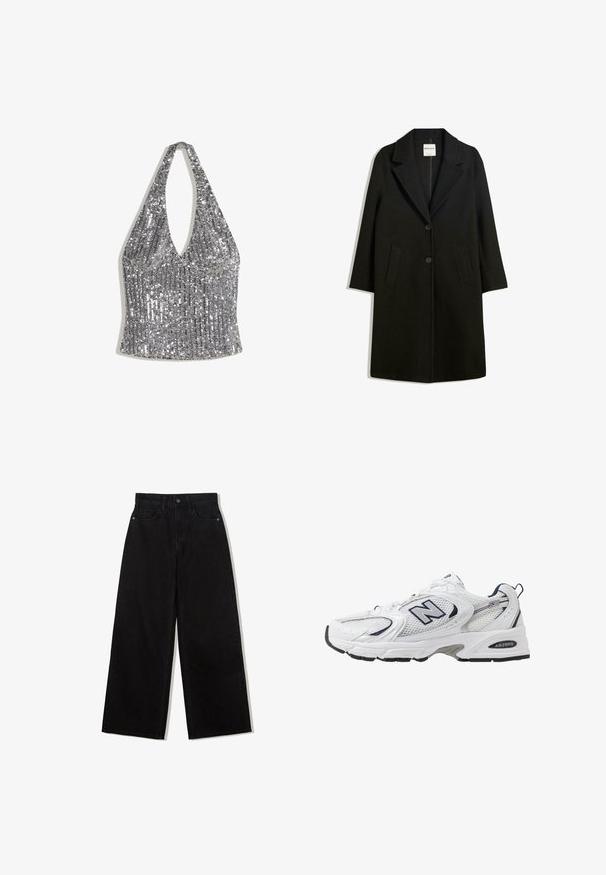 Čierny kabát s klopovým golierom, dvoma prednými vreckami a gombíkovým zapínaním. Vyrobený z mäkkej tkaniny, s priamym strihom a dĺžkou po kolená.; Strieborný trblietavý top na halterneck s hlbokým V-výstrihom a priliehavým pásom, navrhnutý na slávnostné alebo večerné nosenie.; Čierne, široké džínsy z denimu s vysokým pásom, obsahujúce dizajn s piatimi vreckami a jedným gombíkom na zapínanie vpredu.; Biele športové topánky s priedušným vrchným materiálom, námorníckymi akcentmi a polstrovanou podrážkou. Obsahujú logo "N", šnúrky a textúrovaný detail na boku.
