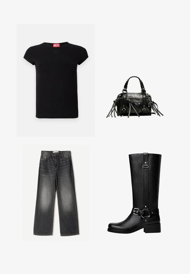 Černý kabát s klopovým límcem, dvěma předními kapsami a zapínáním na knoflíky. Vyroben z měkké látky, s přímým střihem a délkou po kolena.; Černé vypasované tričko s krátkým rukávem a kulatým výstřihem, s červenou značkou Diesel uvnitř límce.; Tmavě šedé široké džínové kalhoty vyrobené z denimu, s pěti kapsami, předním zipem a kontrastním prošíváním podél švů.; Vysoké černé boty z umělé kůže s kulatou špičkou, detailem s přezkou na pásku a širokým podpatkem. Hladký povrch a vertikální šev na holeně.; Černá kožená kabelka s pletenými držadly, texturovaným povrchem, přední kapsou na zip a dekorativními třásněmi. Kompaktní a strukturovaný tvar.