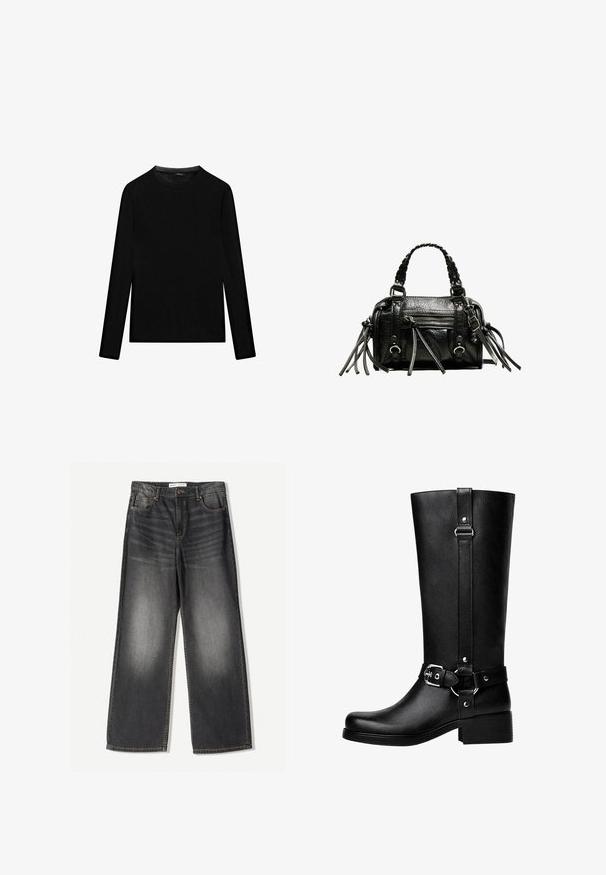Schwarzer Mantel mit Reverskragen, zwei Fronttaschen und Knopfverschluss. Aus weichem Stoff gefertigt, mit gerader Silhouette und knielangem Design.; Schwarzes Langarm-T-Shirt aus Baumwolle, mit Rundhalsausschnitt und glatter Textur. Minimalistisches Design ohne Muster oder Akzente.; Dunkelgraue weit geschnittene Jeans aus Denim, mit fünf Taschen, einem Reißverschluss vorne und kontrastierenden Nähten entlang der Säume.; Hohe schwarze Kunstlederstiefel mit einer abgerundeten Zehe, einem Akzentgürtel-Schnallen-Detail und einem stabilen Absatz. Glatte Textur und vertikale Naht am Schaft.; Schwarze Lederhandtasche mit geflochtenen Tragegriffen, texturiertem Oberflächen, einem Reißverschluss-Frontfach und dekorativen Fransenakzenten. Kompakte und strukturierte Form.