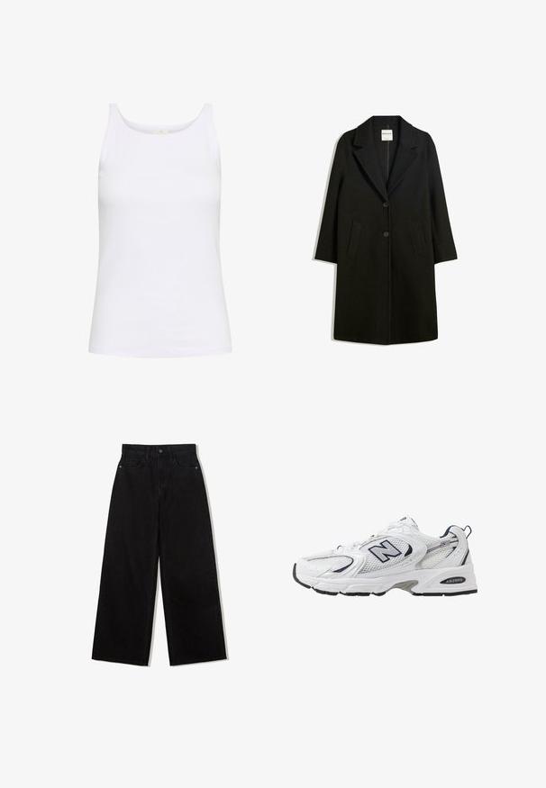Schwarzer Mantel mit Reverskragen, zwei Fronttaschen und Knopfverschluss. Aus weichem Stoff gefertigt, mit gerader Silhouette und knielangem Design.; Weißes Tanktop aus Baumwolle. Verfügt über einen runden Ausschnitt und schmale Schulterträger. Glatte Textur mit einer figurschmeichelnden Silhouette.; Spitzenbluse mit langen Ärmeln in tiefem Burgund, mit schulterfreiem Design, floralen Mustern und einer leicht durchsichtigen Textur sowie geradem Saum.; Schwarze, weit geschnittene Jeans aus Denim mit hoher Taille, die ein Fünf-Taschen-Design und einen einzelnen Knopfverschluss vorne aufweist.; Weißer Sportschuh mit Mesh-Obermaterial, navyblauen Akzenten und gepolsterter Sohle. Verfügt über das "N"-Logo, Schnürsenkel und eine strukturierte Detailverarbeitung an der Seite.