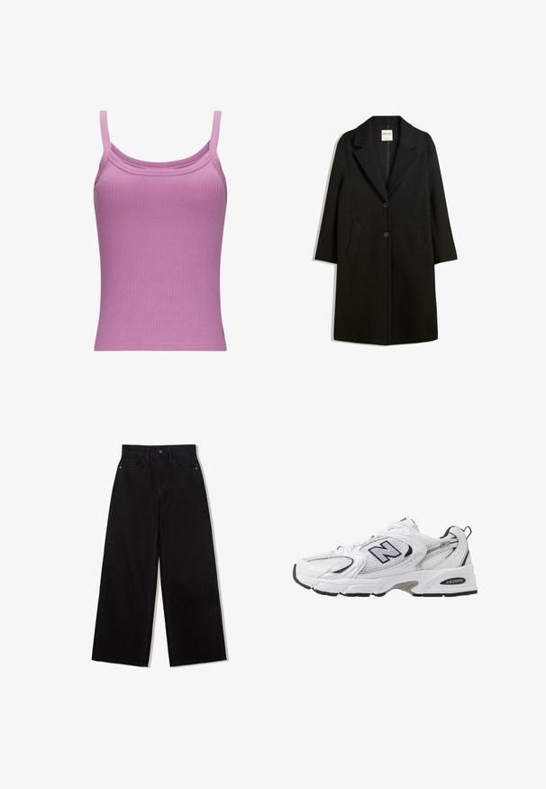 Zwarte jas met een omslagkraag, twee voorzakken en knoopsluiting. Gemaakt van zachte stof, met een rechte snit en een ontwerp tot op de knie.; Geribbeld tanktop in lichtpaars, met dunne bandjes, een ronde halslijn en een aansluitende pasvorm. De stof heeft een gladde textuur en rek.; Kanten langemouwen top in diep burgundy, met een off-shoulder ontwerp, bloemmotieven en een licht transparante textuur met een rechte zoom.; Zwarte, wijde spijkerbroek van denim met een hoge taille, voorzien van een vijf-pocket ontwerp en een enkele knoopsluiting aan de voorkant.; Witte sport schoen met mesh bovenkant, marineblauwe accenten en een gehoorzaamde zool. Bevat het "N" logo, veters en een gestructureerde detail aan de zijkant.