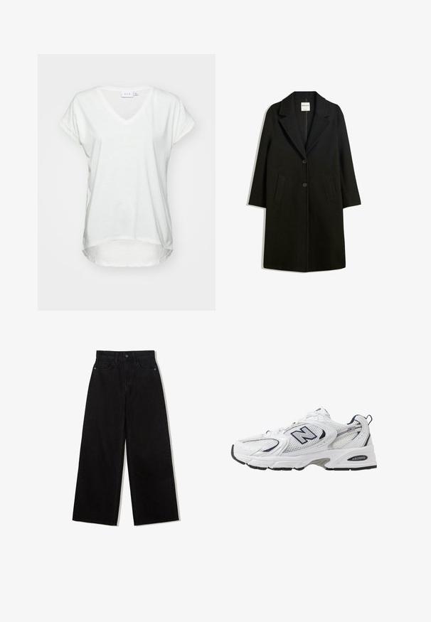 Čierny kabát s klopovým golierom, dvoma prednými vreckami a gombíkovým zapínaním. Vyrobený z mäkkej tkaniny, s priamym strihom a dĺžkou po kolená.; Tričko s výstrihom do V a krátkymi rukávmi vyrobené z mäkkej bielej tkaniny. Má voľný strih a zaoblený lem, pričom zadná časť je o niečo dlhšia.; Čipkovaná blúzka s dlhými rukávmi v hlbokej burgundskej farbe, s off-shoulder strihom, kvetinovými vzormi a mierne priesvitnou textúrou s rovnými okrajmi.; Čierne, široké džínsy z denimu s vysokým pásom, obsahujúce dizajn s piatimi vreckami a jedným gombíkom na zapínanie vpredu.; Biele športové topánky s priedušným vrchným materiálom, námorníckymi akcentmi a polstrovanou podrážkou. Obsahujú logo "N", šnúrky a textúrovaný detail na boku.