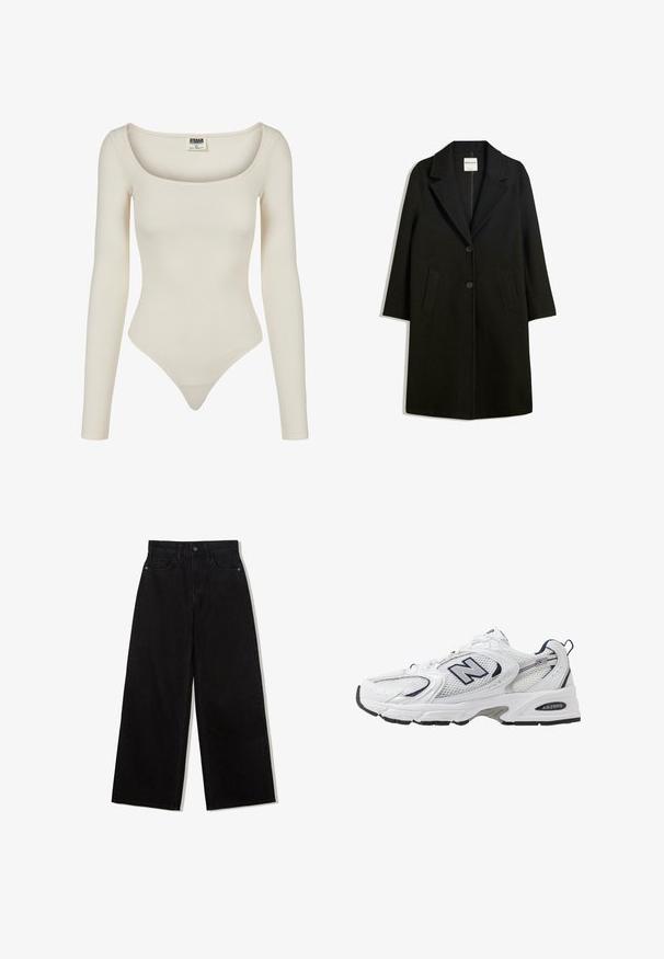 Black coat with a notched collar, two front pockets, and button closure. Made of soft fabric, featuring a straight silhouette and knee-length design.; Long-sleeve bodysuit in beige, featuring a scoop neckline and a fitted design. Made of smooth, stretchy fabric with a thong bottom cut.; Black, wide-leg jeans made of denim with a high waist, featuring a five-pocket design and a single button closure at the front.; White athletic shoe with mesh upper, navy accents, and cushioned sole. Features "N" logo, laces, and textured detail on side.