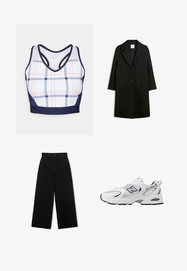 Černý kabát s klopovým límcem, dvěma předními kapsami a zapínáním na knoflíky. Vyroben z měkké látky, s přímým střihem a délkou po kolena.; Kostkovaná sportovní podprsenka s bílým podkladem, modro-červeným kostkovaným vzorem, námořnickým lemem a návrhem na závodní záda. Obsahuje elastický pás s logem.; Černé džínové kalhoty s širokými nohavicemi a vysokým pasem, s pěti kapsami a jedním knoflíkem na přední straně.; Bílé sportovní boty s textilním svrškem, námořnickými akcenty a polstrovanou podrážkou. Obsahují logo "N", tkaničky a texturovaný detail na boku.