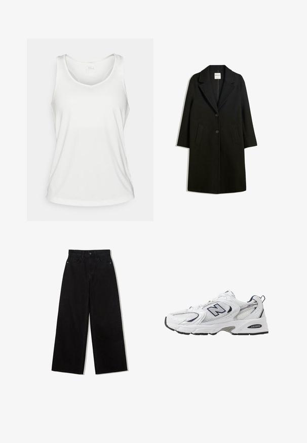Černý kabát s klopovým límcem, dvěma předními kapsami a zapínáním na knoflíky. Vyroben z měkké látky, s přímým střihem a délkou po kolena.; Bílý sportovní tank top bez rukávů s výstřihem do V a malým logem FILA na vnitřním límci, vystavený na plocho.; Černé džínové kalhoty s širokými nohavicemi a vysokým pasem, s pěti kapsami a jedním knoflíkem na přední straně.; Bílé sportovní boty s textilním svrškem, námořnickými akcenty a polstrovanou podrážkou. Obsahují logo "N", tkaničky a texturovaný detail na boku.