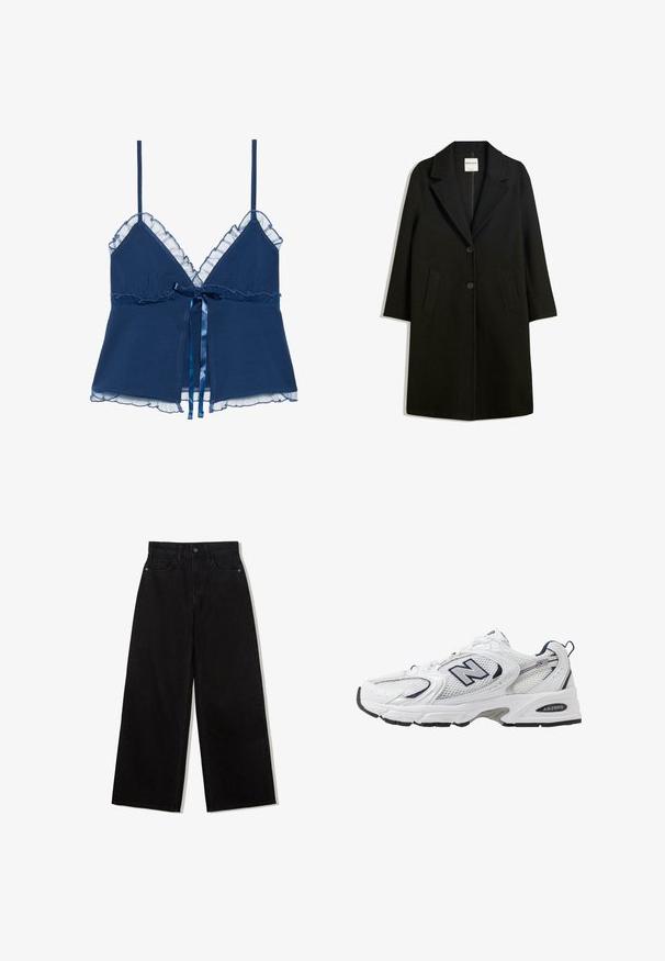 Czarny płaszcz z klapami, dwoma przednimi kieszeniami i zapięciem na guziki. Wykonany z miękkiego materiału, o prostym kroju i długości do kolan.; Granatowa koszulka na ramiączkach z cienkimi paskami, z falbaniastym przezroczystym koronkowym wykończeniem wzdłuż dekoltu i dołu, oraz satynową wstążką do zawiązania w talii.; Czarne, szerokie dżinsy z denimu z wysokim stanem, z pięcioma kieszeniami i pojedynczym zapięciem na guzik z przodu.; Białe sportowe buty z siateczkową cholewką, granatowymi akcentami i wyściełaną podeszwą. Posiadają logo "N", sznurówki oraz teksturowany detal po boku.