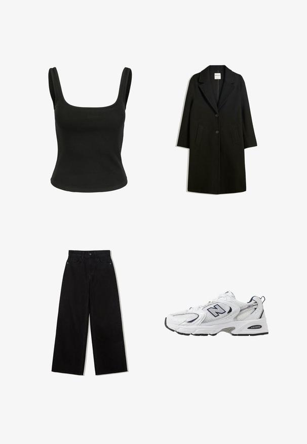Czarny płaszcz z klapami, dwoma przednimi kieszeniami i zapięciem na guziki. Wykonany z miękkiego materiału, o prostym kroju i długości do kolan.; Czarny bezrękawnik z kwadratowym dekoltem. Wykonany z gładkiego, elastycznego materiału. Dopasowany krój bez widocznych wzorów ani akcentów.; Czarne, szerokie dżinsy z denimu z wysokim stanem, z pięcioma kieszeniami i pojedynczym zapięciem na guzik z przodu.; Białe sportowe buty z siateczkową cholewką, granatowymi akcentami i wyściełaną podeszwą. Posiadają logo "N", sznurówki oraz teksturowany detal po boku.