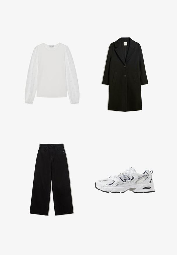 Svart kappa med snedkrage, två framfickor och knappstängning. Tillverkad av mjukt tyg, med rak silhuett och knälång design.; Vit långärmad topp med solitt kropp och genomskinliga puffärmar som har prickmönster. Rund halsringning, ärmar med manschetter, mjuk textur.; Svarta vida jeans av denim med hög midja, med en femficksdesign och en enkel knappstängning framtill.; Vit sportskor med överdel i mesh, marinblå accenter och dämpad sula. Har "N"-logotyp, snörning och texturerad detalj på sidan.