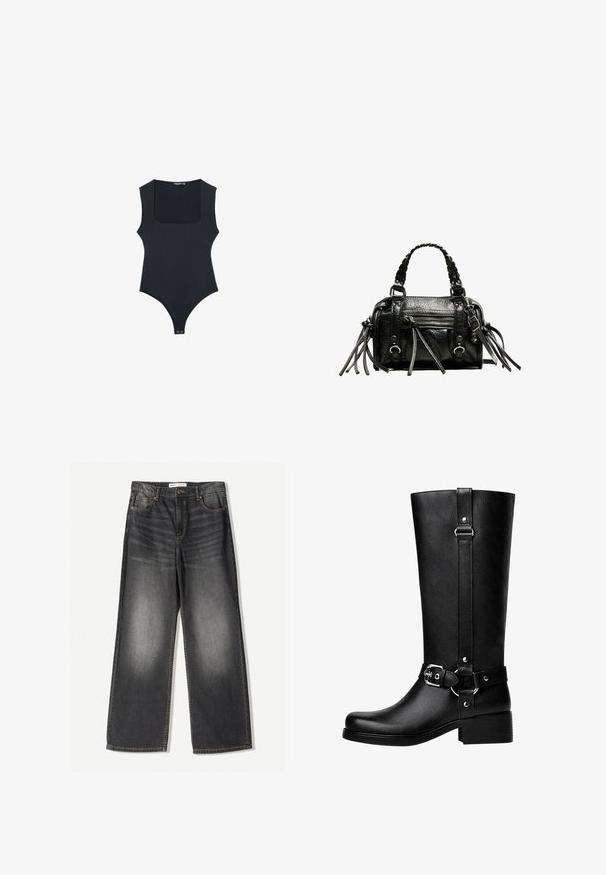 Black coat with a notched collar, two front pockets, and button closure. Made of soft fabric, featuring a straight silhouette and knee-length design.; Black bodysuit with a square neckline, sleeveless design, and thong back. Made from smooth, stretchy fabric. Features snap closure at the bottom.; Dark gray wide-leg jeans made of denim, featuring five pockets, a front zipper, and contrasting stitching along the seams.; Tall black faux leather boots with a rounded toe, accent belt buckle detail, and a chunky heel. Smooth texture and vertical seam on the shaft.; Black leather handbag with braided handles, textured surface, zippered front pocket, and decorative fringe accents. Compact and structured shape.