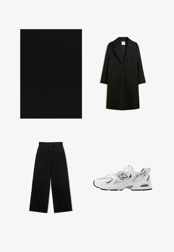 Musta takki, jossa on kauluskotelo, kaksi etutaskua ja nappisuljenta. Valmistettu pehmeästä kankaasta, suorassa siluetissa ja polvenpituinen muotoilu.; Mustaa ribattu kangasta, jossa on teksturoitu pinta; näyttää pystysuuntaisilta viivoilta, jotka luovat kuvion. Materiaali näyttää pehmeältä ja joustavalta.; Musta, leveälahkeinen farkut, joissa on korkea vyötärö, viisi taskua ja etupuolella yksittäinen napitus.; Valkoinen urheilushoe, jossa on verkkomateriaali päällä, laivastonsiniset yksityiskohdat ja pehmeä pohja. Varustettu "N"-logolla, nauhoilla ja teksturoidulla yksityiskohdalla sivussa.