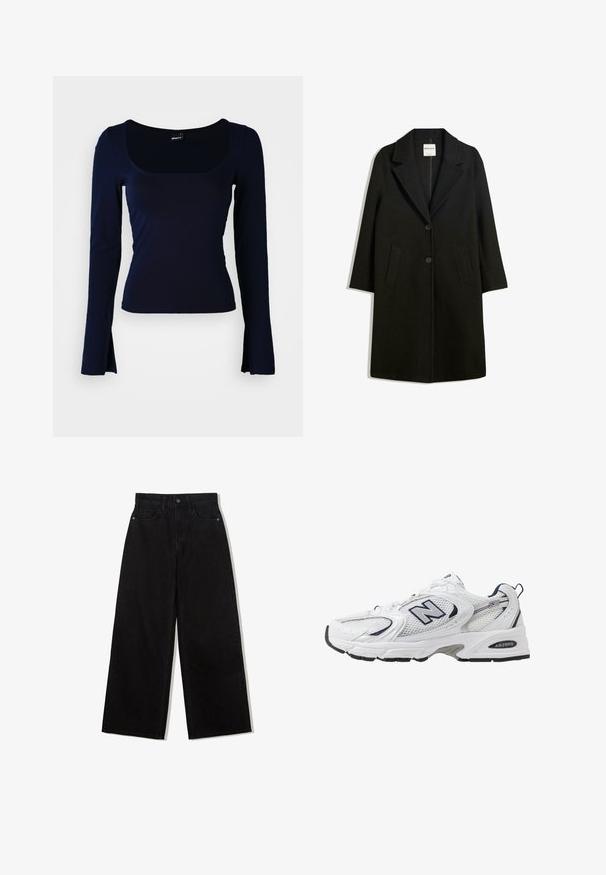 Schwarzer Mantel mit Reverskragen, zwei Fronttaschen und Knopfverschluss. Aus weichem Stoff gefertigt, mit gerader Silhouette und knielangem Design.; Marineblaues Langarmoberteil mit quadratischem Ausschnitt, gefertigt aus einem glatten, dehnbaren Stoff. Verfügt über eine taillierte Passform und leicht ausgestellte Ärmelenden.; Schwarze, weit geschnittene Jeans aus Denim mit hoher Taille, die ein Fünf-Taschen-Design und einen einzelnen Knopfverschluss vorne aufweist.; Weißer Sportschuh mit Mesh-Obermaterial, navyblauen Akzenten und gepolsterter Sohle. Verfügt über das "N"-Logo, Schnürsenkel und eine strukturierte Detailverarbeitung an der Seite.