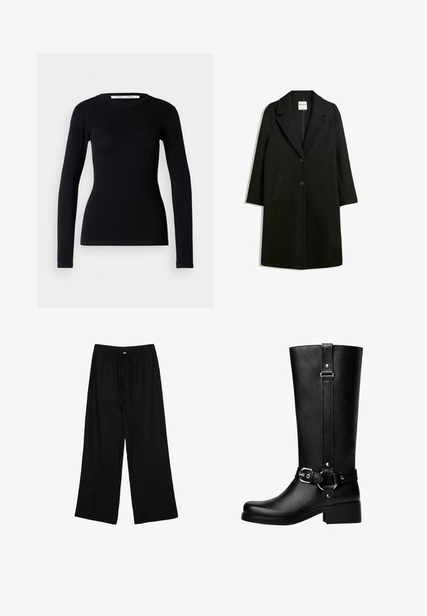 Sort frakke med reverskrave, to forlommer og knaplukning. Fremstillet af blødt stof, med en lige silhuet og knælangt design.; Sort langærmet top lavet af ribbet stof. Har en rund halsudskæring og tætsiddende pasform. Ingen mønstre eller pyntegenstande. Simpelt design.; Sort, lette bukser med vidde og elastisk talje med snor. Glat tekstur, ingen synlige mønstre eller hardware.; Høje sorte faux læder støvler med rund tå, accentbælte-spænde detaljer og en kraftig hæl. Glat tekstur og lodret søm på skaftet.