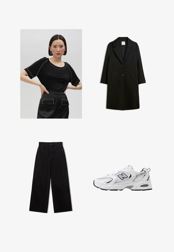 Černý kabát s klopovým límcem, dvěma předními kapsami a zapínáním na knoflíky. Vyroben z měkké látky, s přímým střihem a délkou po kolena.; Černý top s krátkým rukávem a hroty podél rukávů a výstřihu, s volným střihem. V kombinaci s černými kalhotami s vysokým pasem a detaily s hroty.; Černé džínové kalhoty s širokými nohavicemi a vysokým pasem, s pěti kapsami a jedním knoflíkem na přední straně.; Bílé sportovní boty s textilním svrškem, námořnickými akcenty a polstrovanou podrážkou. Obsahují logo "N", tkaničky a texturovaný detail na boku.