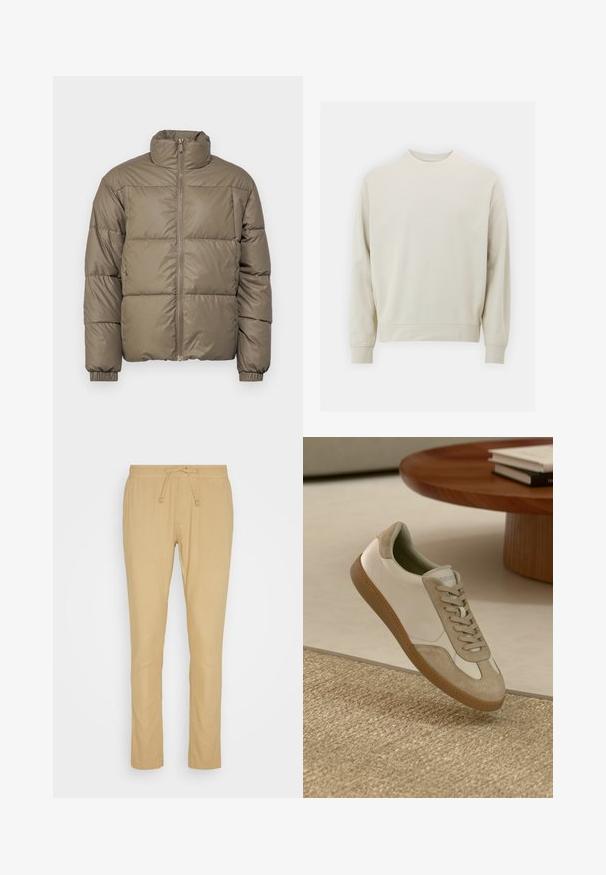 Giacca a vento imbottita in verde oliva, con colletto alto, zip frontale e polsini elasticizzati. Il tessuto è liscio con pannelli cuciti.; Felpa beige chiaro realizzata in morbido tessuto con collo rotondo, maniche lunghe e polsini e orlo a costine. Design minimalista, senza motivi visibili.; Pantaloni beige realizzati in tessuto leggero, dotati di vita elastica con cordino, taglio dritto e texture liscia.; Sneaker leggero con upper in pelle bianca e dettagli in suede beige, punta tonda e suola in gomma marrone testurizzata.